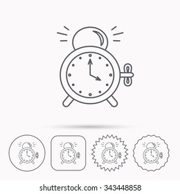Alarm clock icon. Mechanical retro time sign. Watch with bell symbol. Linear circle, square and star buttons with icons.