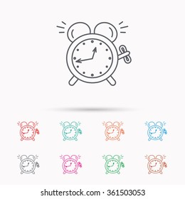 Alarm clock icon. Mechanical retro time sign. Watch with bell symbol. Linear icons on white background.
