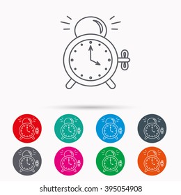 Alarm clock icon. Mechanical retro time sign. Watch with bell symbol. Linear icons in circles on white background.