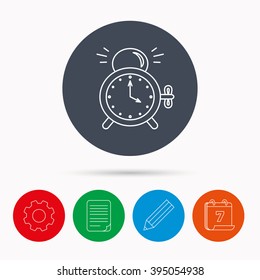 Alarm clock icon. Mechanical retro time sign. Watch with bell symbol. Calendar, cogwheel, document file and pencil icons.