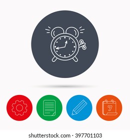 Alarm clock icon. Mechanical retro time sign. Watch with bell symbol. Calendar, cogwheel, document file and pencil icons.