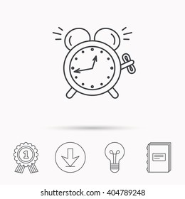 Alarm clock icon. Mechanical retro time sign. Watch with bell symbol. Download arrow, lamp, learn book and award medal icons.