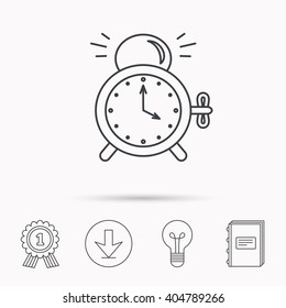 Alarm clock icon. Mechanical retro time sign. Watch with bell symbol. Download arrow, lamp, learn book and award medal icons.