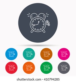 Alarm clock icon. Mechanical retro time sign. Watch with bell symbol. Icons in colour circle buttons. Vector