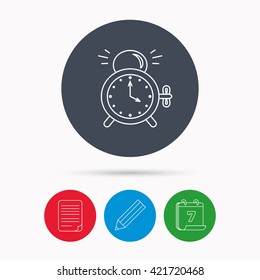 Alarm clock icon. Mechanical retro time sign. Watch with bell symbol. Calendar, pencil or edit and document file signs. Vector
