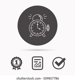 Alarm clock icon. Mechanical retro time sign. Watch with bell symbol. Report document, winner award and tick. Round circle button with icon. Vector