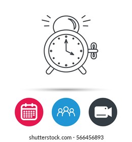 Alarm clock icon. Mechanical retro time sign. Watch with bell symbol. Group of people, video cam and calendar icons. Vector