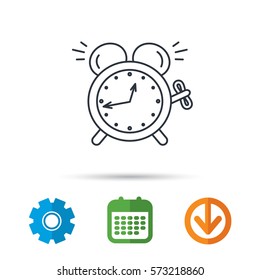 Alarm clock icon. Mechanical retro time sign. Watch with bell symbol. Calendar, cogwheel and download arrow signs. Colored flat web icons. Vector