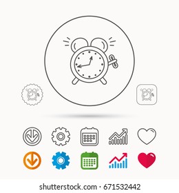 Alarm clock icon. Mechanical retro time sign. Watch with bell symbol. Calendar, Graph chart and Cogwheel signs. Download and Heart love linear web icons. Vector