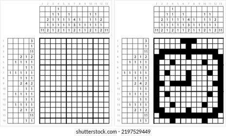 Alarm Clock Icon Nonogram Pixel Art, Alert By Audio At Specified Time, Logic Puzzle Game Griddlers, Pic-A-Pix, Picture Paint By Numbers, Picross, Vector Art Illustration