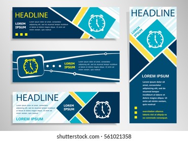 Alarm clock icon  on horizontal and vertical banner. Alarm clock symbol abstract banner, flyer design template. 