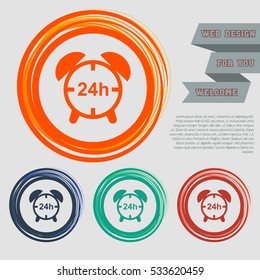 alarm clock icon on the red, blue, green, orange buttons for your website and design with space text. Vector illustration