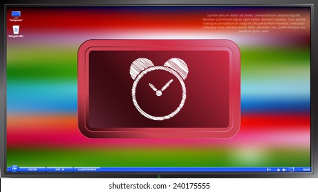 Alarm clock icon on the screen monitor. Scribble and hatching style. Made vector illustration