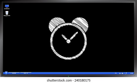 Alarm clock icon on the screen monitor. Scribble and hatching style. Made vector illustration