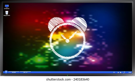 Alarm clock icon on the screen monitor. Scribble and hatching style. Made vector illustration