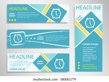 Alarm clock icon on vertical and horizontal banner. Modern abstract flyer, banner design template.