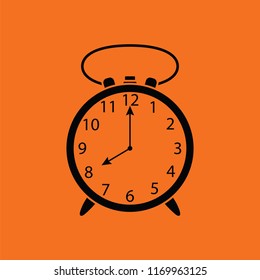 Alarm clock icon. Orange background with black. Vector illustration.