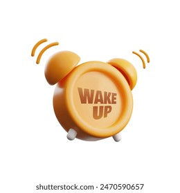 The alarm clock icon is orange in color, made in a vector 3d design on a white background for graphics related to time, deadlines and waking up from sleep