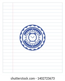 alarm clock icon pen draw. Blue ink. Vector Illustration. Detailed.