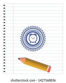 alarm clock icon pen draw. Blue ink. Vector Illustration. Detailed.