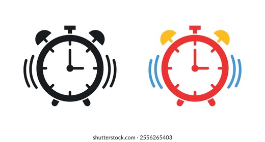 Alarm clock icon set in black and colored versions.