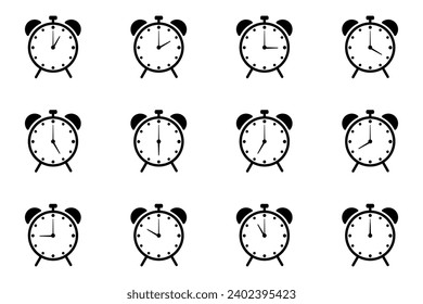 icono de reloj de alarma, set colección alarma despertador fondo negro y blanco