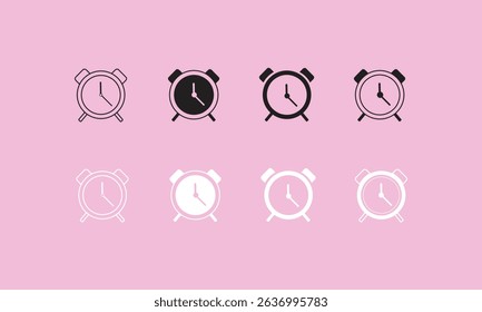 Alarm Clock Icon Set. A collection of eight minimalist alarm clock icons in various shades from black to white.