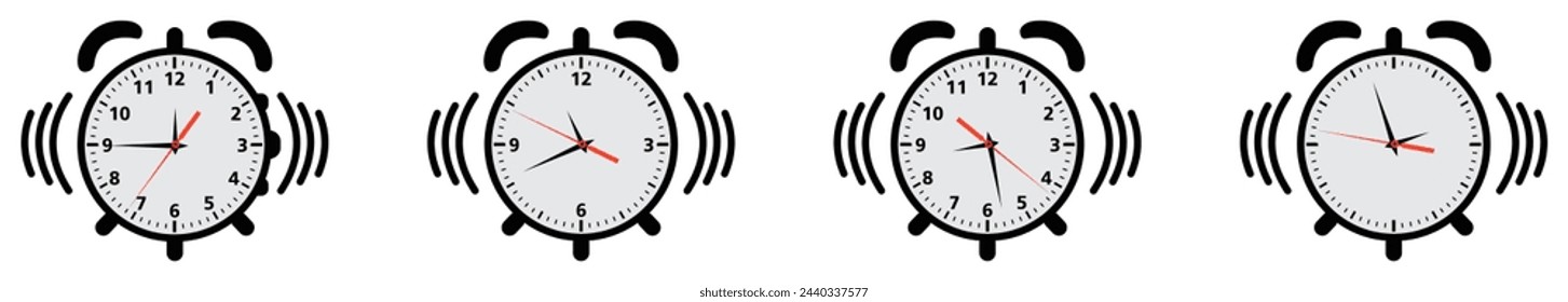 Alarm clock icon set in flat style. timer, ringing, alarm clock, bell, time, speed, alarm, time management, line art black style symbol sign, vector illustration.