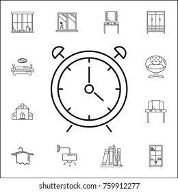 alarm clock icon. Set of household accessories icons. Signs, outline furniture collection, simple thin line icons for websites, web design, mobile app, info graphics on white background