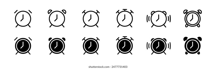 Alarm clock icon set. Line and glyph alarm clock. Time symbol