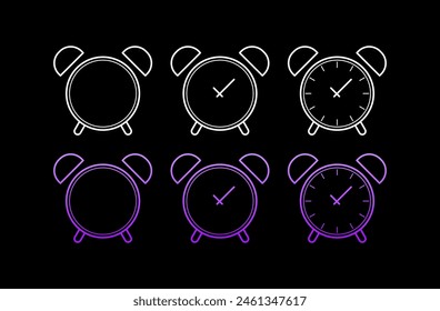 Icono del reloj despertador ajustado. Relojes de alarma de neón. Estilo plano. Iconos vectoriales