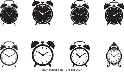 Alarm Clock Icon Set on White Background, Vintage Time Reminder Clock Vector Collection