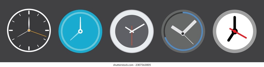 Símbolo de conjunto de iconos de reloj de alarma. iconos de diseño de aplicaciones de reloj para web, smartphone, tablets y computadora. iconos de reloj en blanco, negro, azul cielo, rojo y gris. Ilustración del vector de iconos de reloj.