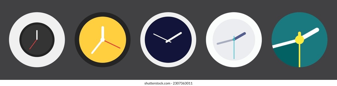 Símbolo de conjunto de iconos de reloj de alarma. iconos de diseño de aplicaciones de reloj para web, smartphone, tablets y computadora. iconos de reloj en blanco, negro, azul cielo, rojo y gris. Ilustración del vector de iconos de reloj.