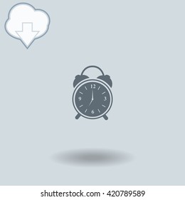 Alarm clock icon with shadow. Cloud of download with arrow.