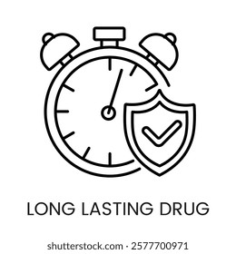 An alarm clock icon with a shield and checkmark, symbolizing long-lasting drug efficacy, in vector style, with an editable stroke.