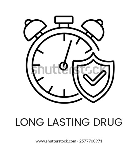 An alarm clock icon with a shield and checkmark, symbolizing long-lasting drug efficacy, in vector style, with an editable stroke.