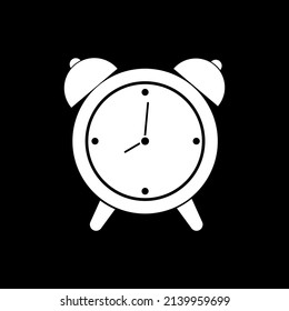 Alarm clock icon silhouette, vector illustration of a white alarm clock on a black background.