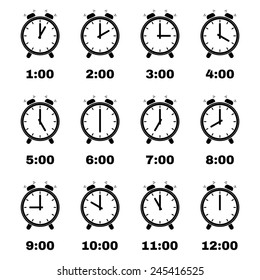 The Alarm clock icon.  Alarm clock symbol. Flat. Vector illustration. Set