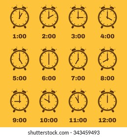The Alarm clock icon.  Alarm clock symbol. Flat. Vector illustration. Set