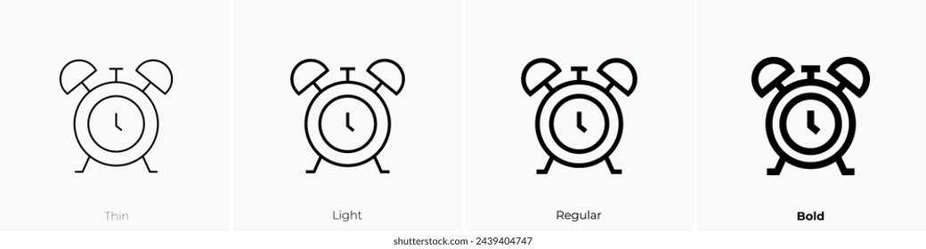 Wecker-Symbol. Dünnes, leichtes Regular- und Bold-Design isoliert auf weißem Hintergrund