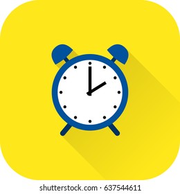 Alarm clock icon. Vector. Flat design with long shadow. Blue time symbol isolated on yellow background. Furniture for bedroom.