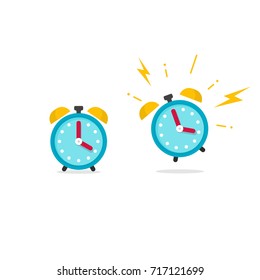Alarm clock icon vector illustration, flat cartoon ringing retro alarm with time of wake up isolated on white background
