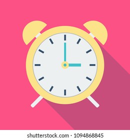 Alarm clock icon vector with long shadow on a light pink background for website design in flat style. Clock icon, Time icon. Vector illustration, eps10
