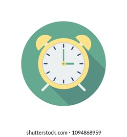 Alarm clock icon vector with long shadow in green circle on a light background for website design in flat style. Clock icon, Time icon. Vector illustration, eps10