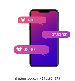 Alarm clock icons on the phone screen. Flat, color, phone screen, alarms for different times, speech bubbles. Vector illustration