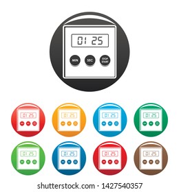 Alarm clock icons set 9 color vector isolated on white for any design