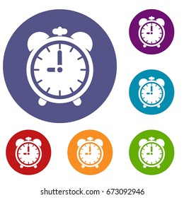 Alarm clock icons set in flat circle reb, blue and green color for web
