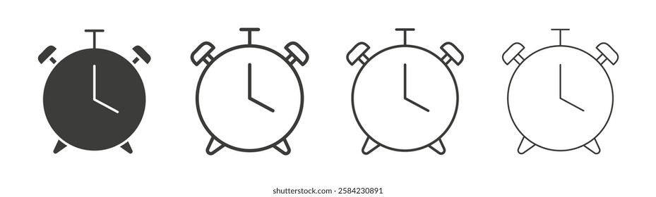 Alarm clock icons set. Liner outlined and flat black color