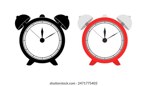 Alarm Clock Icons Set. Silhouette and flat styles. Vector icons